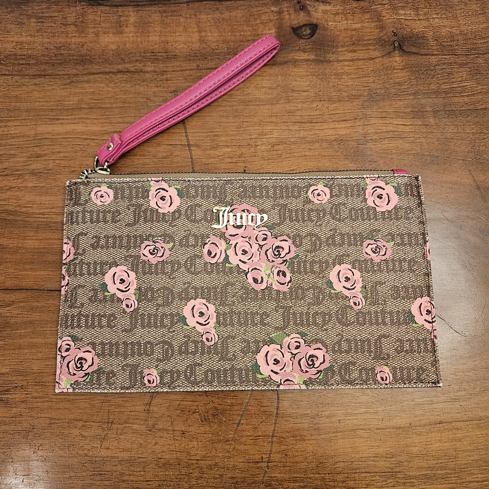 Juicy Couture Pink Bloom‎ Brown Rose Print Wristlet Zip Pouch Clutch Wallet